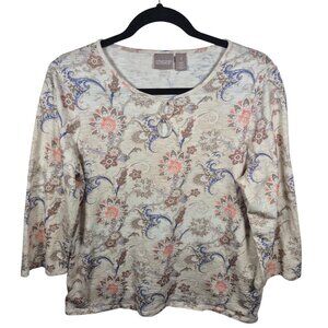 Chicos Top Womens M Beige 100% Cotton Blouse Floral Lightweight Keyhole Neck